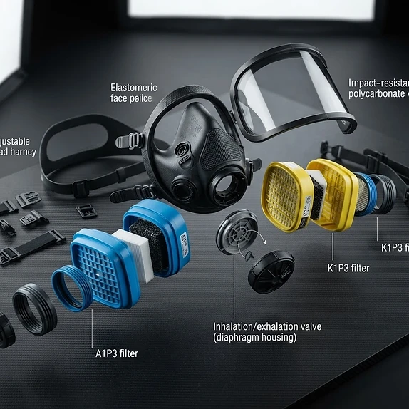 Respirator mask components exploded view